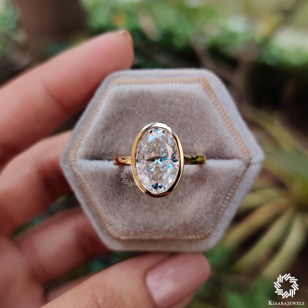 3 CT Oval Cut Moissanite Engagement Ring, 14K Solid Gold Ring, Bezel ...