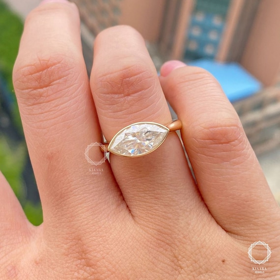 East West Marquise Diamond Ring 1.5CT Marquise Moissanite Ring Moissanite Diamond Bezel Set Ring Solitaire Wedding Ring Anniversary Gift