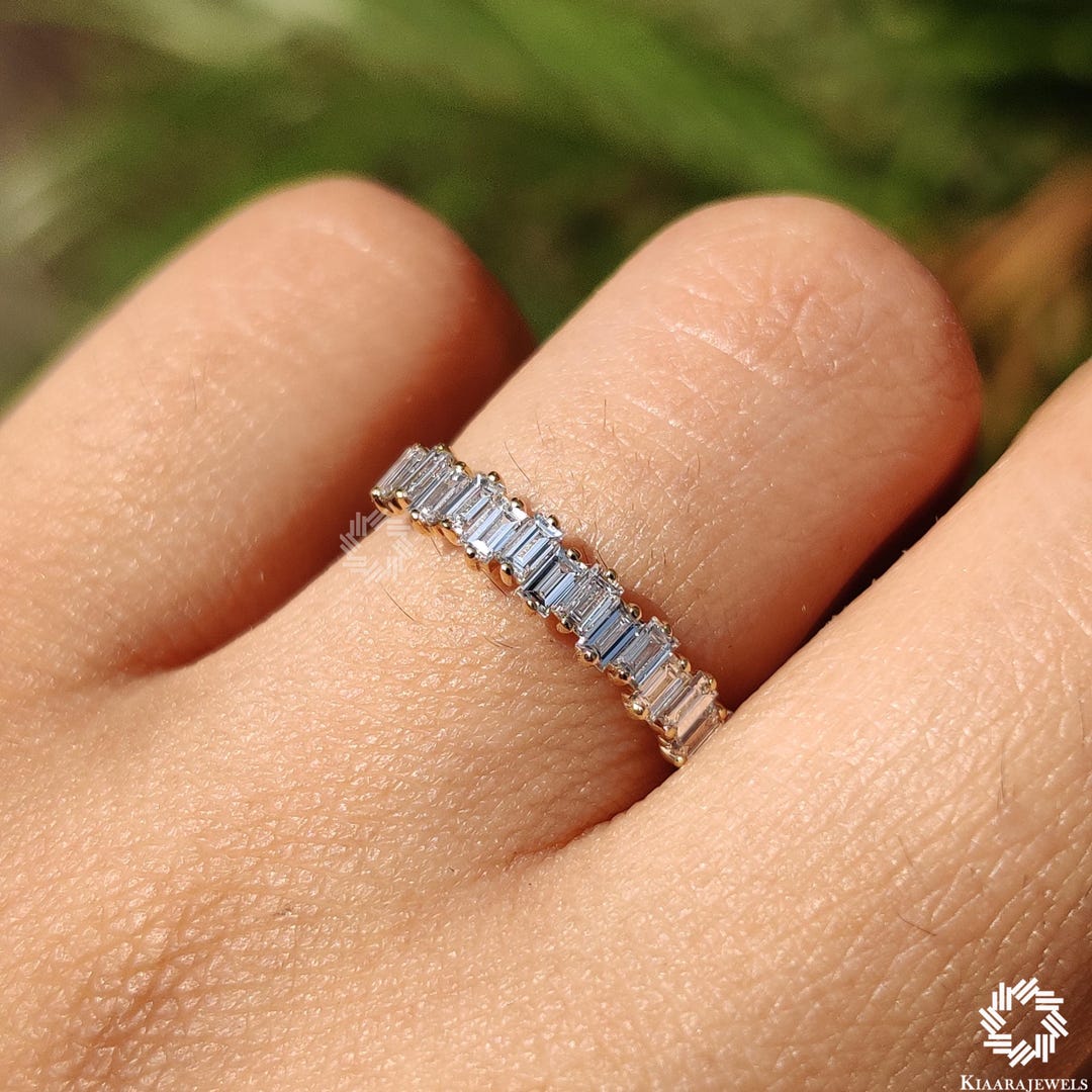 Baguette Cut Moissanite Wedding Band, 14K Solid Gold Half Eternity Band ...