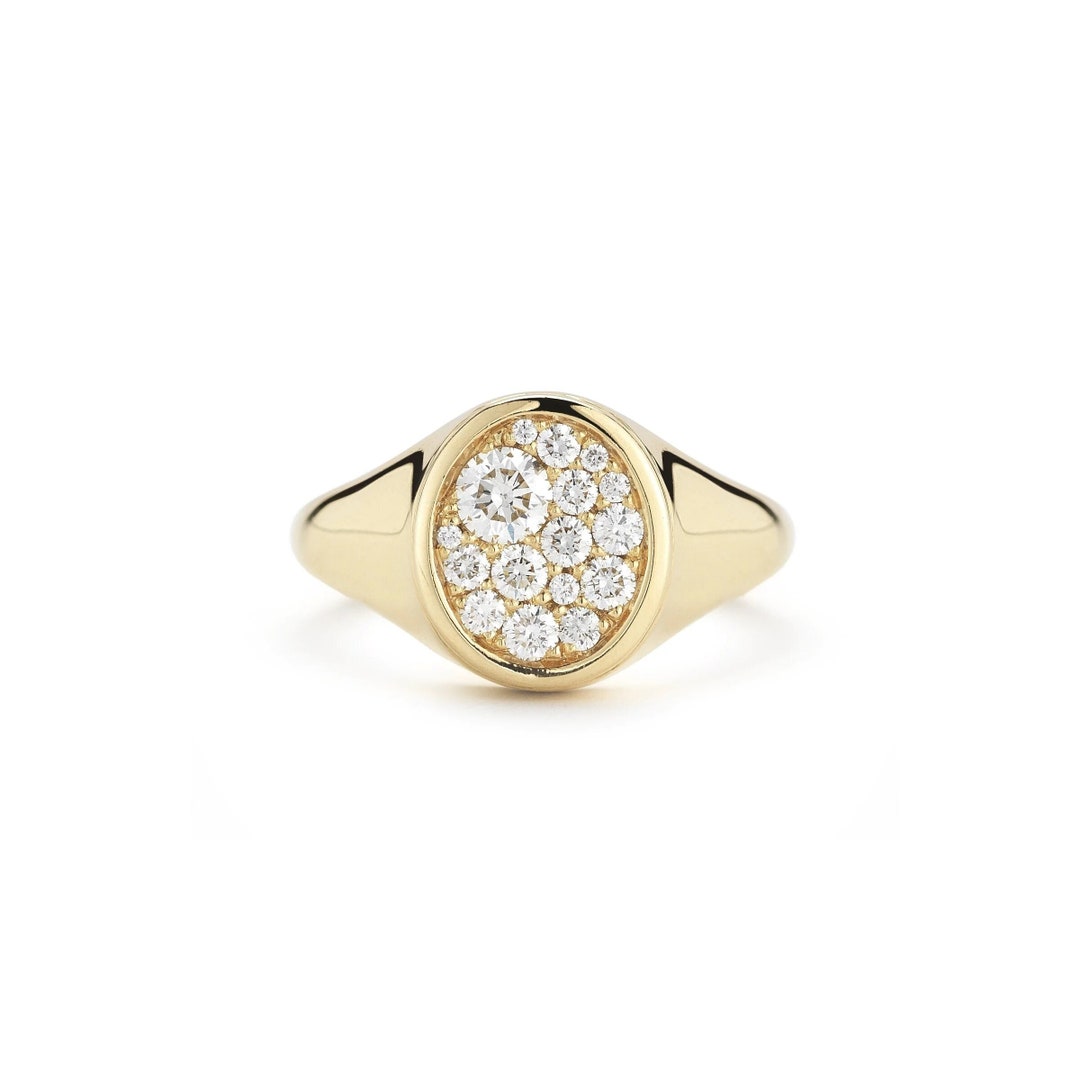 Unique Signet Ring, Round Cut Moissanite Pinky Ring, 14K Solid Gold ...
