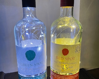Upcycled Irish Whiskey Bottle Light: Green, Yellow, Red, or Blue Spot