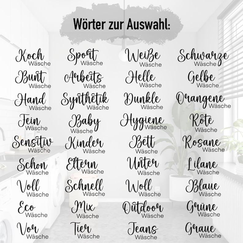 Wäschekorb Aufkleber Vinylaufkleber personalisiert mit 70 verschiedenen Wörtern zur Auswahl, Schrift Design, Wunschtext möglich Bild 5