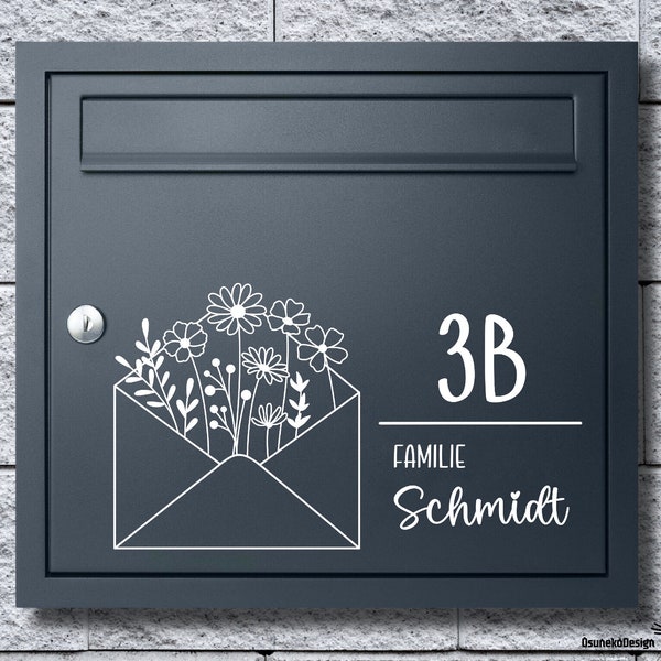 Pegatina de buzón personalizada | Pegatina de vinilo con letras, nombre de familia, puerta de entrada, flores, pegatina para ventana, personalización, nombre, nombre | 1