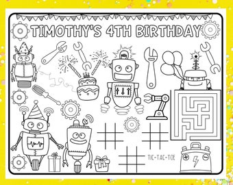 Robot Party Activities, Personalized Birthday Placemat, Boys Birthday Themes, Party Table Ideas, Custom Party Favors, Party Activity Sheet