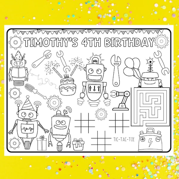 Attività per feste a tema robot, tovaglietta personalizzata per compleanno, temi per compleanni per bambini, idee per tavoli per feste, bomboniere personalizzate, scheda attività per feste