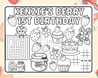 Berry 1st Birthday Placemat, Stawberry 1st Birthday Party, Custom Strawberry Party Favors, Berry Sweet One Birthday Coloring Page