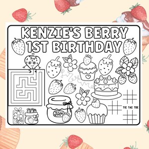 Berry 1st Birthday Placemat, Stawberry 1st Birthday Party, Custom Strawberry Party Favors, Berry Sweet One Birthday Coloring Page