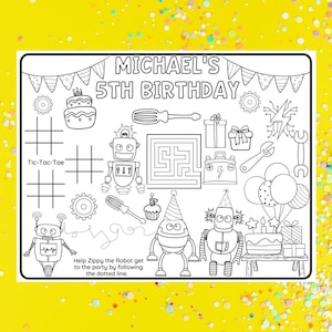 Robot Party Placemat, Custom Coloring Page for Kids, Birthday Theme Ideas, Party Activity Sheet, Cheap Party Favors, Party Table Decor