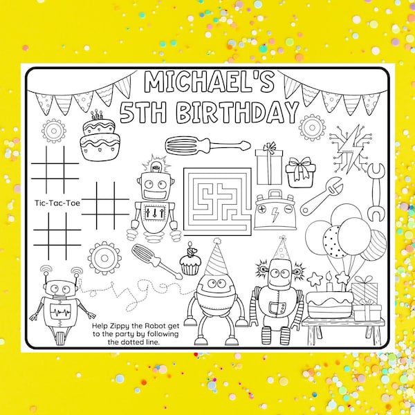 Tovaglietta per feste a tema robot, pagina da colorare personalizzata per bambini, idee per temi di compleanno, foglio di attività per feste, bomboniere economiche, decorazioni per tavoli da festa
