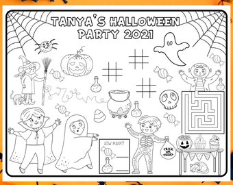Spooky Placemat, Halloween Birthday Printable, Halloween Coloring Pages for Kids, Personalized Placemats For Birthday, Custom Coloring Page