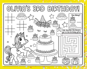 Festa di unicorno stampabile, tovaglietta da colorare personalizzata, bomboniera stampabile, giochi per feste a tema unicorno, decorazioni personalizzate per feste, disegni da colorare per compleanni