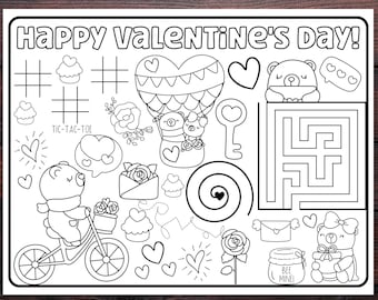 Valentine Placemat Printable, Valentine Activity for Kids, Valentine's Day Party Decor, Classroom Party Games, Coloring Placemats