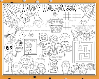Halloween Party Activities, Activity Placemats for Kids, Coloring Sheets Printables, Halloween Birthday Favors, Halloween Mazes