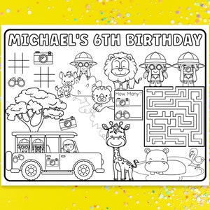 Safari Animal Birthday Coloring Page, Explorer Party Favor,  Personalized Placemats for Kids, Custom Party Decorations, Cheap Party Supplies