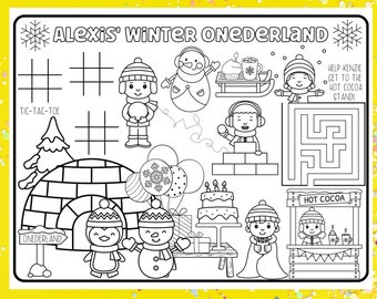 Ragazza di compleanno di Winter Onederland, pagina da colorare di compleanno personalizzata, tovaglietta di compleanno personalizzata, bomboniere per feste a tema Winter Wonderland, 1° compleanno