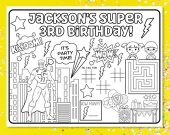 Festa di compleanno dei supereroi, articoli per feste di compleanno dei supereroi, decorazioni per feste dei supereroi, tovagliette da colorare personalizzate per il compleanno, materiale stampabile per feste per bambini