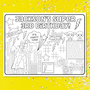 Superhero Birthday Party, Superhero Birthday Supplies, Superhero Party Decor, Personalized Birthday Coloring Placemats, Kids Party Printable