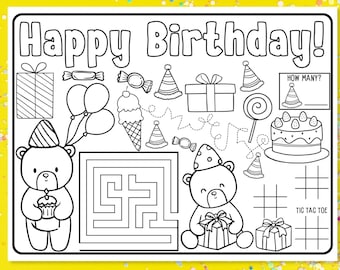 Tovagliette da colorare per compleanni, decorazioni per tavoli da festa, schede di attività per bambini, bomboniere stampabili, giochi per feste, articoli per feste di compleanno