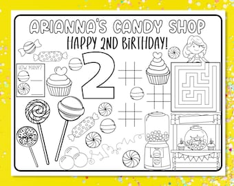 May include: A black and white printable coloring page with a candy shop theme. The page features a large number "2", a candy shop with a gumball machine, lollipops, cupcakes, and a maze. The text "ARIANNA'S CANDY SHOP HAPPY 2ND BIRTHDAY!" is at the top of the page.
