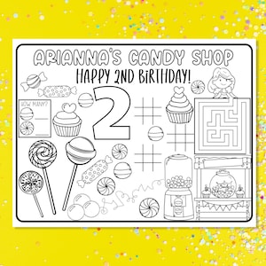 Candy Birthday Party Activity, Candy Birthday Printable, Candy Party Decorations, Personalized Birthday Placemats, Birthday Printables