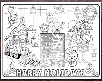 Tovagliette da colorare per le feste, articoli per feste Polar Express, decorazioni per la tavola delle feste, pagine da colorare invernali, attività per le feste per bambini