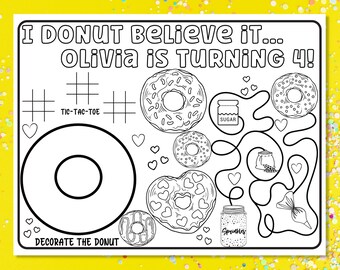 Festa di compleanno a tema ciambella, festeggiato a tema ciambella, articoli per feste a tema ciambella, tovaglietta personalizzata per compleanno, disegni da colorare personalizzati per compleanno, giochi per feste