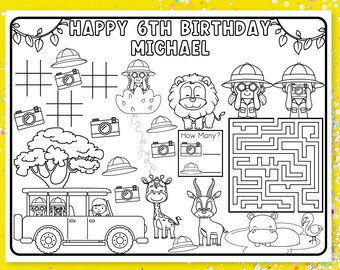Bomboniere per feste di compleanno a tema safari africano, attività stampabili per bambini, decorazioni per compleanni a tema giungla, pagina da colorare personalizzata, tema per il primo compleanno