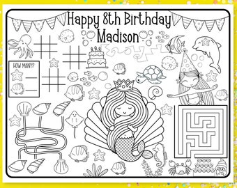Personalized Party Favors, Mermaid Birthday Decor, 5th Birthday Mermaid, Birthday Coloring Placemat, Custom Party Supplies, Printable Party
