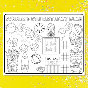 Summer Birthday Party Favors, Hula Girl Birthday Party, Personalized Party Placemats, Custom Birthday Coloring Page, Beach Party Kids
