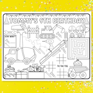 Pode incluir: Uma p&aacute;gina para colorir imprim&iacute;vel em preto e branco para uma festa de anivers&aacute;rio. A p&aacute;gina apresenta um tema de constru&ccedil;&atilde;o com um bolo de anivers&aacute;rio, um caminh&atilde;o de cimento, uma escavadeira, uma caixa de ferramentas, uma serra, um martelo, pregos, uma r&eacute;gua, um labirinto e um jogo da velha. O texto "TOMMY'S 9TH BIRTHDAY" est&aacute; no topo da p&aacute;gina.