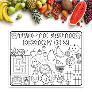 Twotti Frutti Party Decor, 2nd Birthday Theme, Personalized Coloring Pages for Kids, Printable Placemat, Tutti Frutti Party Favors, Download