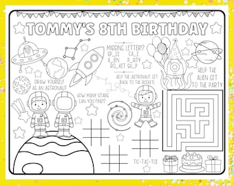 Stampabili per feste di compleanno nello spazio, decorazioni per feste nello spazio, tovaglietta per feste nello spazio, pagina da colorare per il compleanno, tovaglietta personalizzata, compleanno a tema 2 the Moon