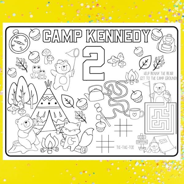 Camp Party Placemat, Woodland Party Decor, Glamping Birthday, Personalized Coloring Placemat, Party Supplies, Boy Scout Printables