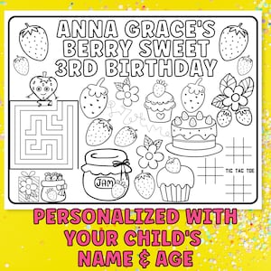 Personalized Party Placemats, Berry Sweet Birthday Decorations, Custom Birthday Coloring Page, Strawberry Party Supplies, Cheap Party Favors image 2