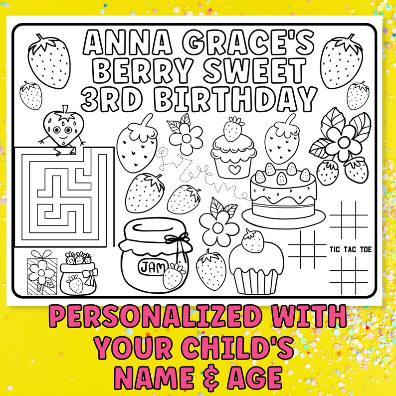Personalized Party Placemats, Berry Sweet Birthday Decorations, Custom Birthday Coloring Page, Strawberry Party Supplies, Cheap Party Favors image 2