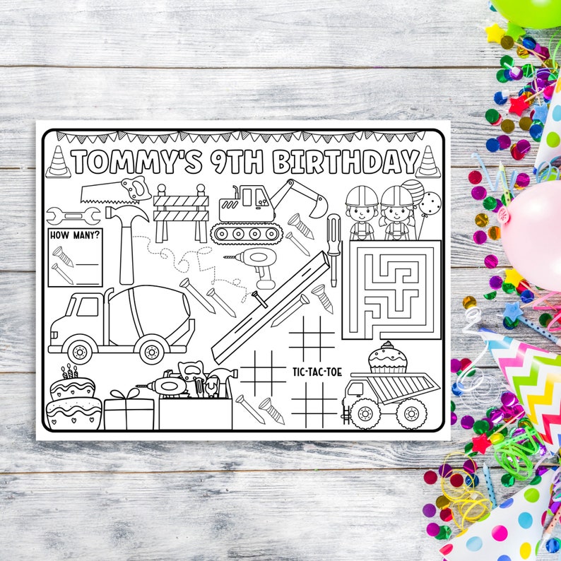 Pode incluir: Uma p&aacute;gina para colorir imprim&iacute;vel em preto e branco para uma festa de anivers&aacute;rio. A p&aacute;gina apresenta um tema de constru&ccedil;&atilde;o com uma mensagem de anivers&aacute;rio que diz "Tommy's 9th Birthday". A p&aacute;gina inclui um labirinto, um jogo da velha e um jogo de contagem "how many".