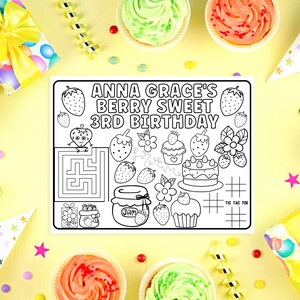 Personalized Party Placemats, Berry Sweet Birthday Decorations, Custom Birthday Coloring Page, Strawberry Party Supplies, Cheap Party Favors image 7