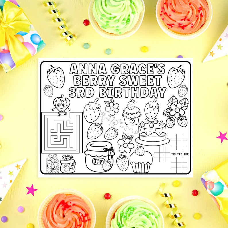 Personalized Party Placemats, Berry Sweet Birthday Decorations, Custom Birthday Coloring Page, Strawberry Party Supplies, Cheap Party Favors image 7