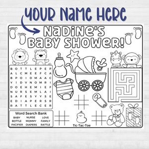 May include: A black and white printable baby shower game featuring a word search puzzle, a maze, a tic-tac-toe game, and various baby-themed illustrations. The text "Nadine's Baby Shower!" is at the top of the page.