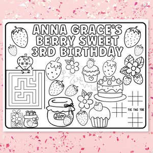 Personalized Party Placemats, Berry Sweet Birthday Decorations, Custom Birthday Coloring Page, Strawberry Party Supplies, Cheap Party Favors image 5