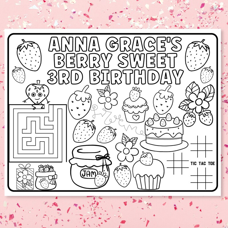 Personalized Party Placemats, Berry Sweet Birthday Decorations, Custom Birthday Coloring Page, Strawberry Party Supplies, Cheap Party Favors image 5