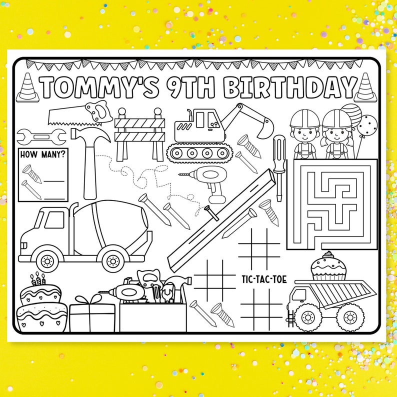 Pode incluir: Uma p&aacute;gina para colorir imprim&iacute;vel em preto e branco para uma festa de anivers&aacute;rio. A p&aacute;gina apresenta um tema de constru&ccedil;&atilde;o com um bolo de anivers&aacute;rio, um caminh&atilde;o de cimento, uma escavadeira, uma caixa de ferramentas, uma serra, um martelo, pregos, uma r&eacute;gua, um labirinto e um jogo da velha. O texto "TOMMY'S 9TH BIRTHDAY" est&aacute; no topo da p&aacute;gina.