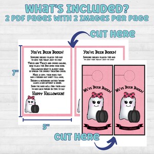 May include: Printable Halloween door hanger with a cute ghost illustration. The door hanger is pink with black polka dots and says "You've Been Booed!" and "We've Been Booed!" The text includes instructions for a Halloween "boo" game.