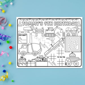 Pode incluir: Uma folha de atividades imprim&iacute;vel em preto e branco para uma festa de anivers&aacute;rio com tema de constru&ccedil;&atilde;o. A folha inclui um labirinto, um jogo da velha, um jogo de contagem de "quantos?" e um bolo de anivers&aacute;rio. O texto "TOMMY'S 9TH BIRTHDAY" est&aacute; no topo da folha.
