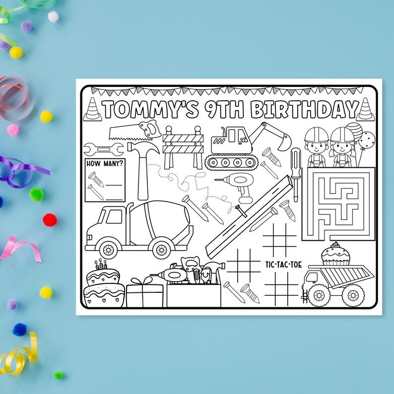 Pode incluir: Uma folha de atividades imprim&iacute;vel em preto e branco para uma festa de anivers&aacute;rio com tema de constru&ccedil;&atilde;o. A folha inclui um labirinto, um jogo da velha, um jogo de contagem de "quantos?" e um bolo de anivers&aacute;rio. O texto "TOMMY'S 9TH BIRTHDAY" est&aacute; no topo da folha.