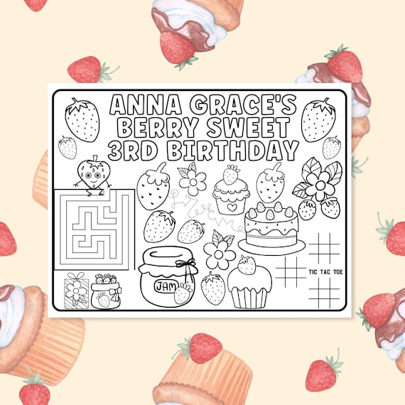 Personalized Party Placemats, Berry Sweet Birthday Decorations, Custom Birthday Coloring Page, Strawberry Party Supplies, Cheap Party Favors
