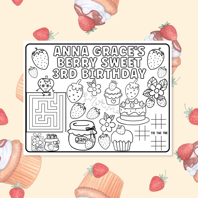 Personalized Party Placemats, Berry Sweet Birthday Decorations, Custom Birthday Coloring Page, Strawberry Party Supplies, Cheap Party Favors image 1