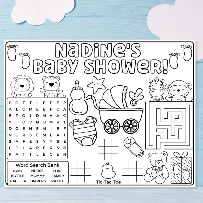 May include: A black and white printable baby shower game featuring a word search puzzle with the words "bottle", "pacifier", "diapers", "rattle", "baby", "nurse", "mommy", "love", and "family". The game also includes a tic-tac-toe board, a maze, and several cute illustrations of baby animals and baby items.