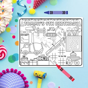 Pode incluir: Uma p&aacute;gina para colorir imprim&iacute;vel em preto e branco com um tema de constru&ccedil;&atilde;o. A p&aacute;gina apresenta um t&iacute;tulo que diz "Tommy's 9th Birthday". A p&aacute;gina inclui um labirinto, um jogo da velha, uma atividade de contagem de "how many?" e uma variedade de ferramentas e ve&iacute;culos de constru&ccedil;&atilde;o.