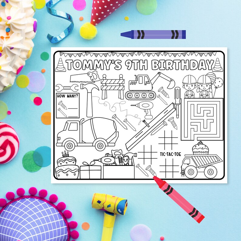 Pode incluir: Uma p&aacute;gina para colorir imprim&iacute;vel em preto e branco com um tema de constru&ccedil;&atilde;o. A p&aacute;gina apresenta um t&iacute;tulo que diz "Tommy's 9th Birthday". A p&aacute;gina inclui um labirinto, um jogo da velha, uma atividade de contagem de "how many?" e uma variedade de ferramentas e ve&iacute;culos de constru&ccedil;&atilde;o.